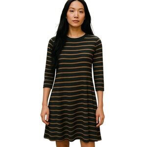 LOFT Black and Tan Striped Swing Wool Blend Sweater Dress S